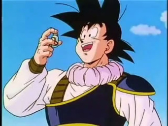 Goku is happy to recieve the heart medicine